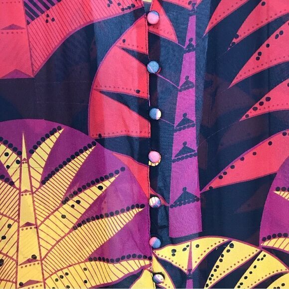 Nieves Lavi 100% Silk Black Red Yellow Tribal Tropical Semi Sheer Tunic Blouse - Picture 7 of 12
